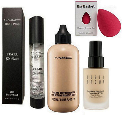 

big Basket Sponge Puff, Mac Face & Body Foundation, Mac Prep+Prime Pearl Gel Primer, Bobbi Brown Long Wear Even Finish Foundation Spf 15,(Set of 4)