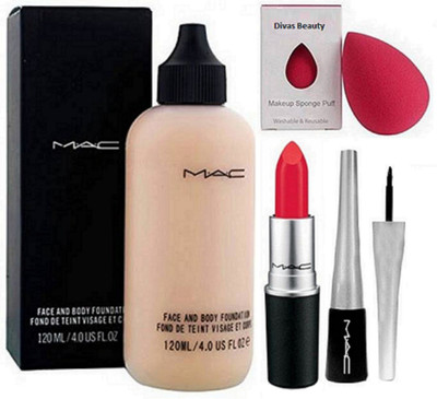 

Divas Beauty Sponge Puff With Mac Face and Body Foundation, Liquid Eyeliner, Lustre Lipstick(Set of 4)