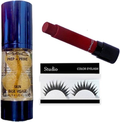 

Studio Eyelashes With Mac Prep+Prime Skin Base Visage Primer with Liptensity Long Lasting Dark Red Lipstick(Set of 3)