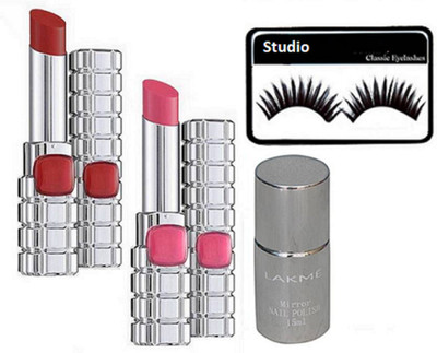 

studio Eyelashes With loreal paris shine lipstick by color riche (set of 2 ) with mirror nail polish(Set of 4)