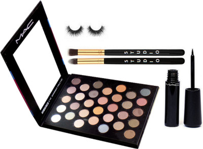 studio Make up Brush 2, eyelashes, Mac 32 shade Eyeshadow Palette, Waterproof Eyeliner(Set of 5)