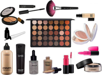 

Marvalous Of Eyelashes & Mac Professional Eye shadow Palette+makeup brush, Liquid Eyeliner & Zoom Lash Mascara, Face and Body Foundation 120ml, Skin Base Primer, Primer Oil & Highlighter, Loose Powder, Lipstick, Lipgloss, Lightful Compact, Concealer & Ski