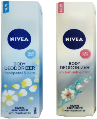 Nivea WHITE MUSK & CARE BODY DEODORIZER 120 ML+FRESHPETAL & CARE BODY DEODORIZER 120 ML Deodorant Spray - For Men & Women(120 ml, Pack of 2)