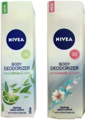 

Nivea WHITE MUSK & CARE BODY DEODORIZER 120 ML+FRESH CITRUS & CARE BODY DEODORIZER 120 ML Deodorant Spray - For Men & Women(120 ml, Pack of 2)