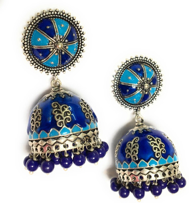 

JDS JEWELLERY JDS Blue Amrapli Enamel Beads German Silver Jhumkas For Ethnic, Fusion and Traditional Look. German Silver, Enamel Jhumki Earring