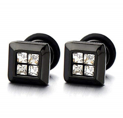 Gadgetsden 316L Steel Square Barbell Cubic Zirconia Inlay Screw Back Stud Cubic Zirconia Stainless Steel Stud Earring