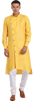 JIHUZUR Men Solid Trail Cut Kurta(Yellow)