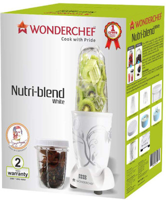 

Wonderchef Present Nutri blend White color Comes with 2 interchangeable jars (Long Jar-500ml & Short Jar- 300ml) and 2 separate blades (Grinding Blade & Blending Blade) 400 W Juicer Mixer Grinder(White, 2 Jars)