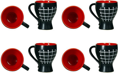 

caffeine Coffee Stoneware in Black & Red Check Assorted (Set of 8) Ceramic Mug(300 ml, Pack of 8)