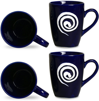 

caffeine Coffee Stoneware in Blue With White Doodle (Set of 4) Handmade Ceramic Mug(300 ml, Pack of 4)