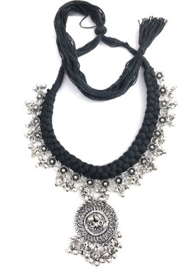 

athizay Handmade Antique Ladies Black Thread Tribal Necklace silver oxidised with Rose bead Metal Beads woven in black Thread with a large antique tribal pendant Metal, Cotton Dori Necklace