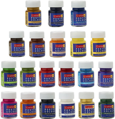 

Camlin Premium Poster Color 20 Shades in 15 ML Bottle(Set of 20, Burnt Sienna, Burnt Umber, Chrome Yellow Medium Hue, Crimson, Flesh Tint, Lemon Yellow, Light Green, Olive Green, Orange, Peacock Blue, Poster Black, Poster Green, Poster Red, Prussian Blue,