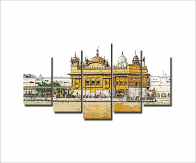 Mad Masters Color Sketch Of Golden Temple Amritsar Punjab, India ORIGINAL CANVAS WITH FRAME AllAH Canvas Painting Canvas 22 inch x 48 inch Painting(With Frame, Pack of 5)