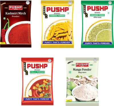 

Pushp Kashmiri Mirch 200 g, Turmeric Powder 200 g, Coriander Powder 200 g, Patna Mirch 200 g and Mango Powder 100 g - Pack of 5(5 x 180 g)