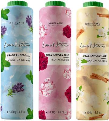Oriflame Sweden Love Nature Fragranced Talc Combo (Floral Bloom, Sandal Caress, Cooling Delight)(New)  (3 x 400 g)