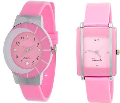 

FabSale Best New Designer Pink PU Strap Stylish Attractive Round::Square Pink Dial (Pack Of 2) Latest Analog Wrist Watch - For Women