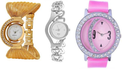 

FabSale Best New Designer MultiColor PU-Metal Strap Stylish Attractive Round MultiColor Dial Diamond Studded On Dial And Case(Pack Of 3) Latest Analog Wrist Watch - For Girls