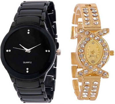 

FabSale Best New Designer MultiColor Metal Strap Stylish Attractive Round MultiColor Dial Diamond Studded On Dial Case And Strap(Pack Of 2) Latest Analog Wrist Watch - For Couple