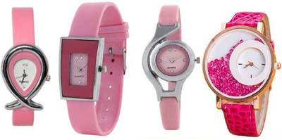

FabSale Best New Designer Pink Synthetic Leather-PU Strap Stylish Attractive Round-Square-Oval MultiColor Dial Floting Diamond(Pack Of 4) Latest Analog Wrist Watch - For Girls