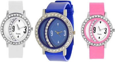 

FabSale Best New Designer MultiColor PU Strap Stylish Attractive Round MultiColor Dial Diamond Studded On Case(Pack Of 3) Latest Analog Wrist Watch - For Women