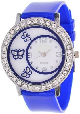 

FabSale Best New Designer Blue PU Strap Stylish Attractive Round White Dial Diamond Studded On Case Latest Analog Wrist Watch - For Women