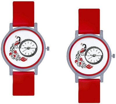 

FabSale Best New Designer Red PU Strap Stylish Attractive Round White Dial Peacock Printed On Dial(Pack Of 2) Latest Analog Wrist Watch - For Girls