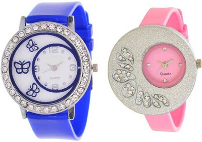 

FabSale Best New Designer MultiColor PU Strap Stylish Attractive Round MultiColor Dial Diamond Studded On Case(Pack Of 2) Latest Analog Wrist Watch - For Girls