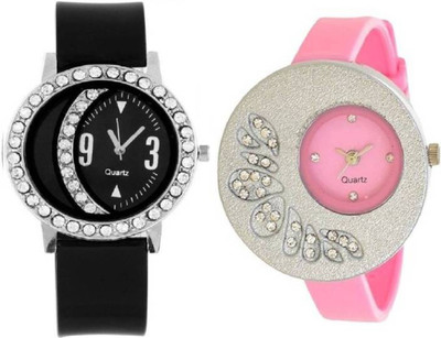 

FabSale Best New Designer MultiColor PU Strap Stylish Attractive Round MultiColor Dial Diamond Studded On Case(Pack Of 2) Latest Analog Wrist Watch - For Girls
