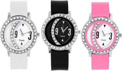 

FabSale Best New Designer MultiColor PU Strap Stylish Attractive Round MultiColor Dial Diamond Studded On Case(Pack Of 3) Latest Analog Wrist Watch - For Women
