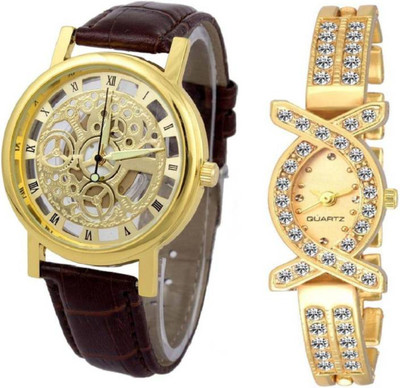 

FabSale Best New Designer MultiColor Synthetic Leather::Metal Strap Stylish Attractive Round::Oval Gold Dial (Pack Of 2) Latest Analog Wrist Watch - For Girls