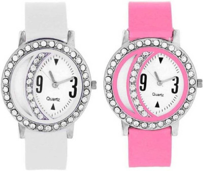 

FabSale Best New Designer MultiColor PU Strap Stylish Attractive Round White Dial Diamond Studded On Case(Pack Of 2) Latest Analog Wrist Watch - For Girls