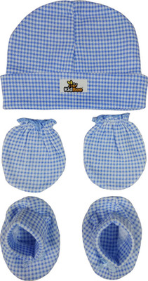 

Kidbee Baby Checked Printed Soft Booties Mittens Cap Combo Set(Blue)