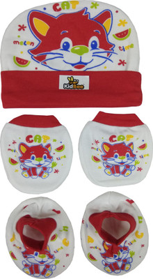 

Kidbee Baby Printed Soft Booties Mittens Cap Combo Set(Red)