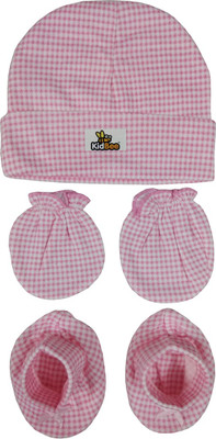 

Kidbee Baby Checked Printed Soft Booties Mittens Cap Combo Set(Pink)