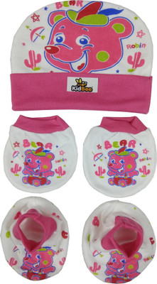 

Kidbee Baby Printed Soft Booties Mittens Cap Combo Set(Dark Pink)