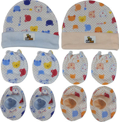 

Kidbee Baby Printed Soft Booties Mittens Cap Combo Set(Blue , Orange)