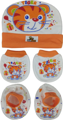 

Kidbee Baby Printed Soft Booties Mittens Cap Combo Set(Orange)
