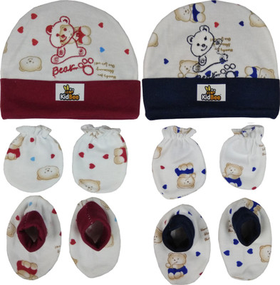 

Kidbee Baby Printed Soft Booties Mittens Cap Combo Set(Red , Dark Blue)