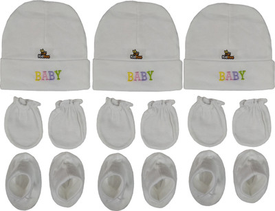 

Kidbee Baby Printed Soft Booties Mittens Cap Combo Set(White)