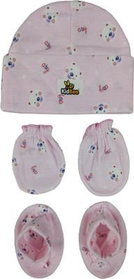 

Kidbee Baby Printed Soft Booties Mittens Cap Combo Set(Pink)