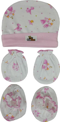 

Kidbee Baby Printed Soft Booties Mittens Cap Combo Set(Pink)