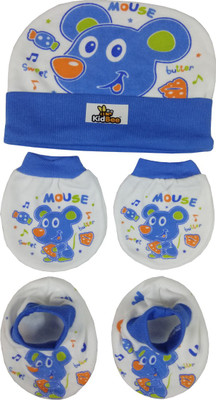

Kidbee Baby Printed Soft Booties Mittens Cap Combo Set(Blue)