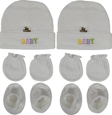 

Kidbee Baby Printed Soft Booties Mittens Cap Combo Set(White)