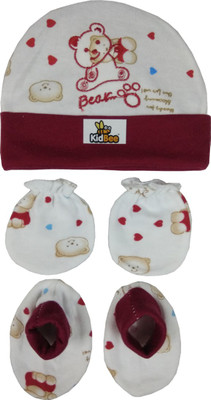 

Kidbee Baby Printed Soft Booties Mittens Cap Combo Set(Red)