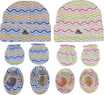 

Kidbee Baby Stripe wave Printed Soft Booties Mittens Cap Combo Set(Multicolor)