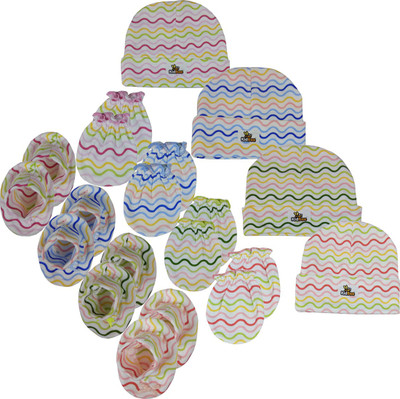 

Kidbee Baby Stripe wave Printed Soft Booties Mittens Cap Combo Set(Multicolor)