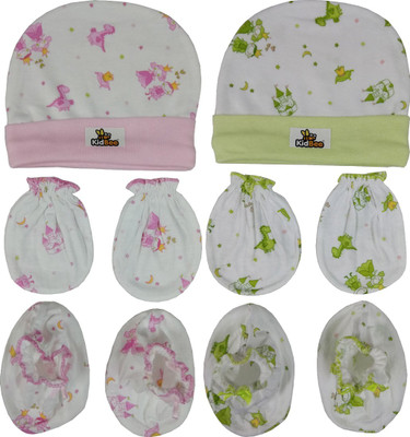 

Kidbee Baby Printed Soft Booties Mittens Cap Combo Set(Pink,Green)