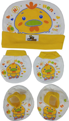 

Kidbee Baby Printed Soft Booties Mittens Cap Combo Set(Yellow)