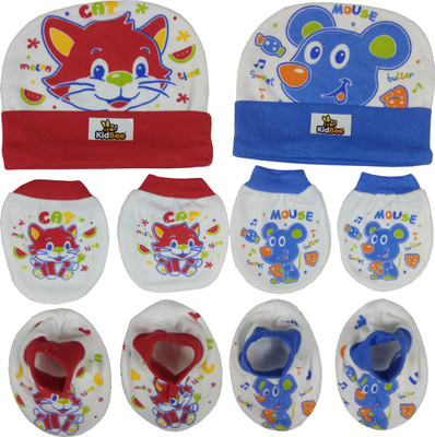 

Kidbee Baby Printed Soft Booties Mittens Cap Combo Set(Red , DarkBlue)