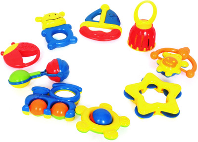 

Toys Bhoomi Infants & Toddlers Colorful 9 Piece Baby Rattles Musical Sound Toy for New Born with Storage Bag - BPA Free, 100% Safe & Non-Toxic Rattle(Multicolor)